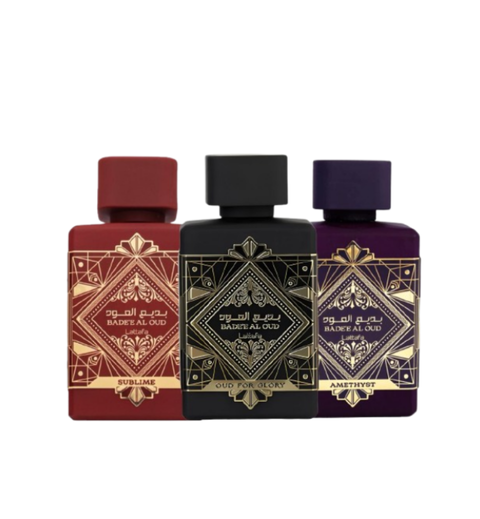 Oud for Glory de Lattafa + Amethyst de Lattafa +  Badee Al Oud Sublime Lattafa