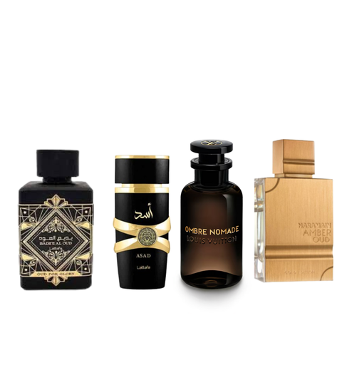 Asad de Lattafa + Amber Oud de Al Haramain + Nomade de Chloé + Oud for Glory de Lattafa