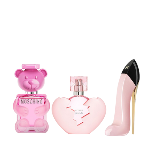 Toy 2 Bubblegum de Moschino + Good Girl Blush de Carolina Herrera +  Thank U Next de Ariana Grande